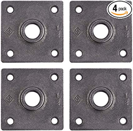 PIPE DÉCOR 1/2" Industrial Flange New Square Design Half Inch Threaded Dark Grey Black Floor Flanges Malleable Cast Iron Pipes Fittings Build Vintage DIY Furniture & Shelving Heavy Duty (4) Four Pack