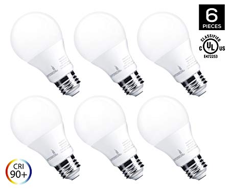 Hyperikon LED A19 Dimmable Bulb, 9 Watt (60-Watt Equivalent), 2700K (Warm White), CRI90 , 800 Lumens, Medium Screw Base (E26), 340° Omnidirectional, UL-Listed (Pack of 6)