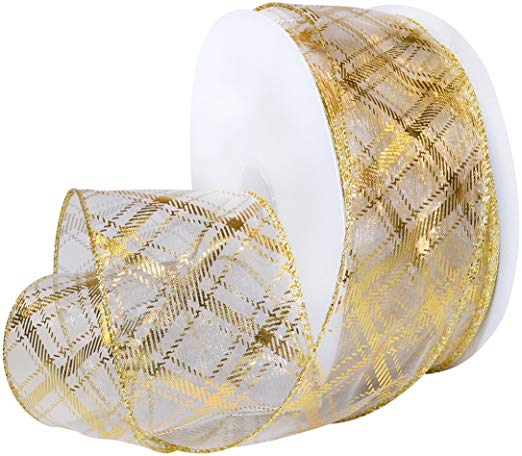 Morex Ribbon Wired Polyester Sheer Plaid Ribbon, 2-1/2" x 50 yd, White/Gold