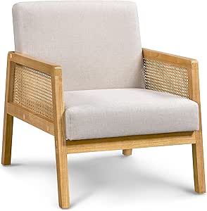 Yaheetech Fauteuil de Salon en Bois Design Rotin Massif et en Tissu Fauteuil Relax avec Coussins Rembourrés Fauteuil d'appoint pour Salon Chambre Terrasse Véranda Jardin Beige/1