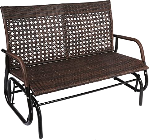 2 Seat Patio Glider Bench, Outdoor Porch Swing Glider Rocker Chair, Loveseat Swing Lounge Glider Chair, w/Ergonomic Design Rocking System for Patio, Garden, Porch, Lawn, Brown