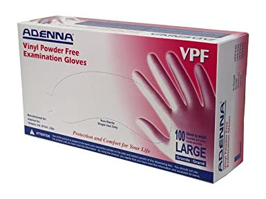 Adenna VPF 3.5 mil Vinyl Powder Free Exam Gloves (Translucent, Large) Box of 100