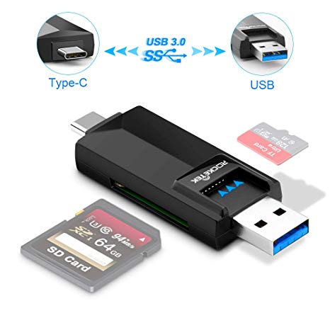 Rocketek - MicroSD, SD Card Reader/Writer. Both Type-C and USB Connectors are USB3.0 with Blazing Transfer Speeds for Android, Windows, Mac, Linux Compatible with TF, SD, Micro SD, SDXC, SDHC, MMC