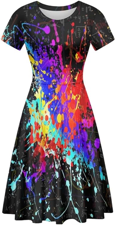 GLUDEAR Women Summer Casual Colorful Splash Oil Paint Print Short Sleeve Midi Dresses S-4XL