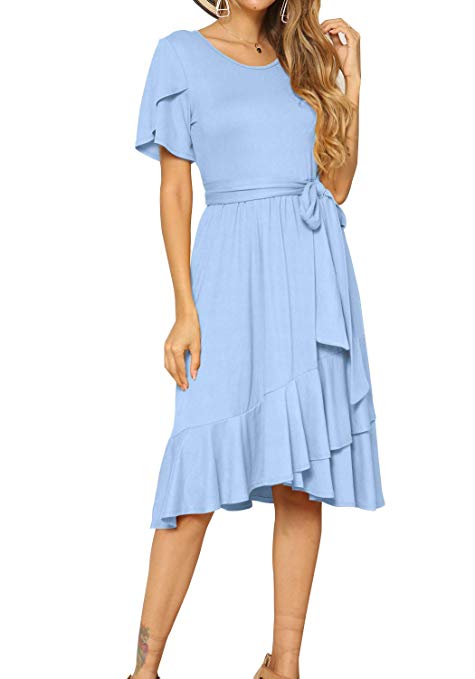 levaca Women's Plain Casual Flowy Short Sleeve Midi Dress with Belt