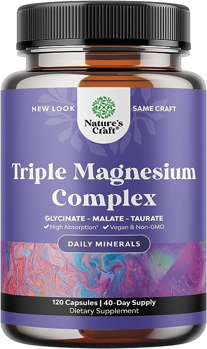 Triple Magnesium Complex Supplement 400mg Elemental - High Absorption Magnesium Taurate and Glycinate Plus Malate Magnesium Blend for Sleep Muscle Bone Mood and More - Non GMO Vegan Magnesium 400 mg