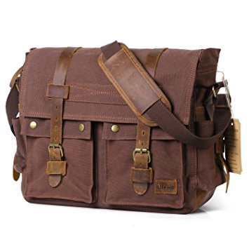 Lifewit 15.6''-17.3" Laptop Messenger Shoulder Bag Men’s Vintage Military Leather Canvas Briefcase Cross-body Bags (17.3'' Coffee)