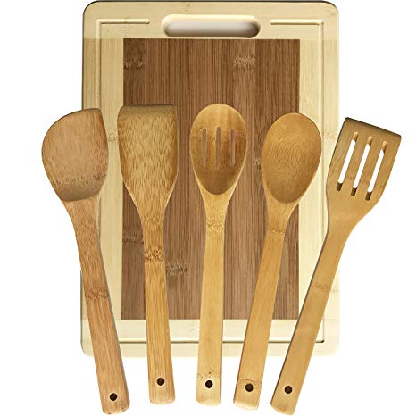 Talented Kitchen Bamboo Cutting Board Set with 5 Wooden Utensils. Extra Large 15x11". All-Natural High Grade Bamboo Chopping Board with Drip Groove and Handle. 5 Utensils included