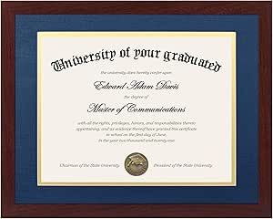 upsimples 11x14 Diploma Frame Certificate Degree Document Frame with High Definition Glass, 1 Pack Diploma Frames 8.5 x 11 with mat for Wall and Tabletop, Mahogany blue Double Mat