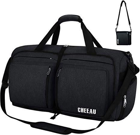 60L Travel Duffel Bag, Foldable Weekender Bag with Shoes Compartment Tear Resistant Packable Duffle Bag for Men Women Black CHEEAU