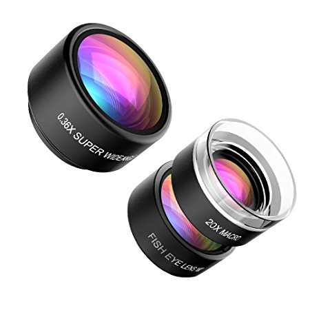 VicTsing 3 in 1 Clip-on iPhone Camera Lens kit, 180 Degree Fisheye Lens   20X Macro Lens 0.36X Wide Angle Lens for iPhone 6, 6s, 6s plus, Samsung and More