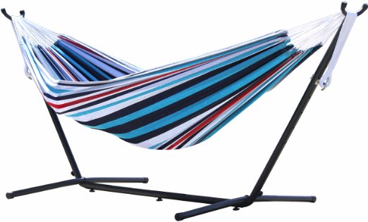 Vivere Double Hammock with Space Saving Steel Stand Denim