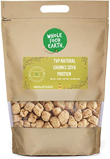 Wholefood Earth TVP Natural Chunks SOYA Protien - GMO Free - Vegan - Dairy Free - No Added Sugar, 500 g