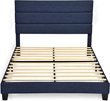 Allewie Navy Blue Full Size Platform Bed Frame with Fabric Upholstered Headboard and Strong Wooden Slats, Mattress Foundation/Box Spring Optional/Easy Assembly