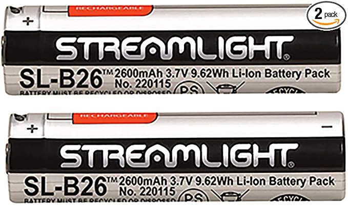 Streamlight 22104 SL-B26 USB Rechargable Lithium Ion Battery 3.7V 2600mAh for Streamlight X Series Dual Fuel Flashlights, 2-Pack