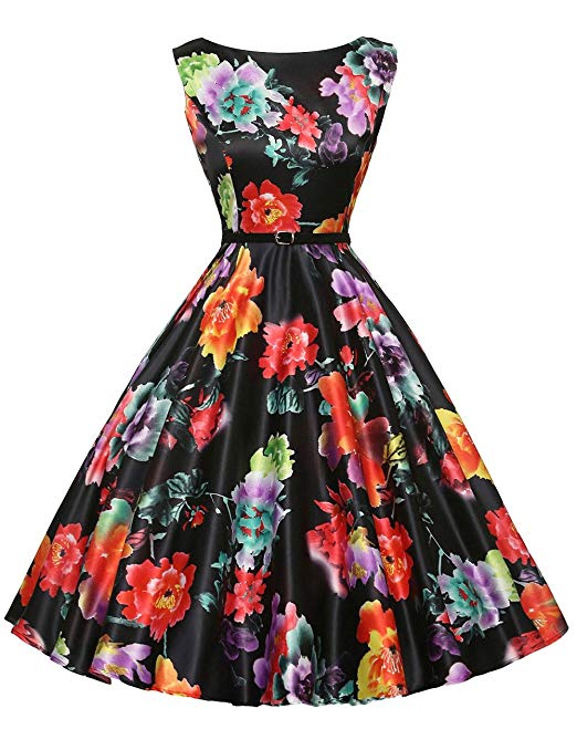 GRACE KARIN Boatneck Sleeveless Vintage Tea Dress with Belt