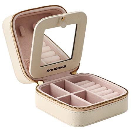 SONGMICS Small Jewelry Box Portable Travel Case Organizer for Rings Necklaces, Gift for Girls & Women, With Mirror and Double Zipper, Beige, UJBC146BE