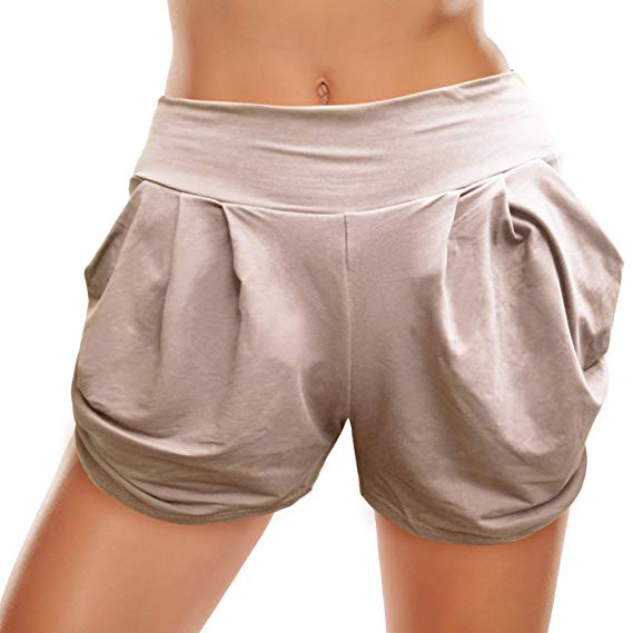 Renee Raquel Women's Premium Ultra Soft Wide Waist Harem Shorts Casual Elastic Beach Pants with Pockets