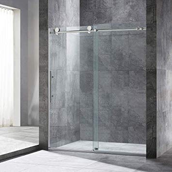 Frameless Sliding Shower Door, 56" - 60" Width, 76" Height, 3/8" (10 mm) Clear Tempered Glass, Brushed Nickel Stainless Steel Finish, Designed For Smooth Door Closing. MBSDC6076-B