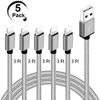 Pal-Xiboe MFi Certified iPhone Charger Lightning Cable 5 Pack [3FT] Nylon Braided USB Charging & Syncing Cord Compatible iPhone Xs/Max/XR/X/8/8Plus/7/7Plus/6S/6S Plus/SE/iPad and New iPhone