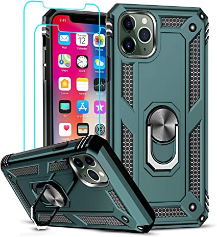 LeYi Compatible for iPhone 11 Pro Max Case with Tempered Glass Screen Protector [2 Pack], Military-Grade Phone Case Cover with Ring Kickstand for Apple iPhone 11 Pro Max 6.5 inch, Midnight Green