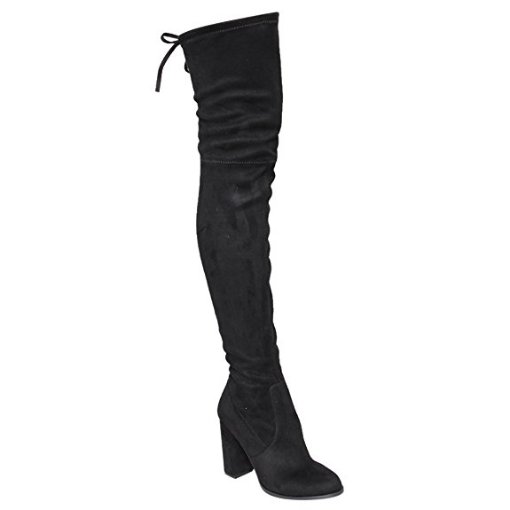 Beston GF58 Women's Drawstring Inside Zip Block Heel Snug Fit Thigh High Boots