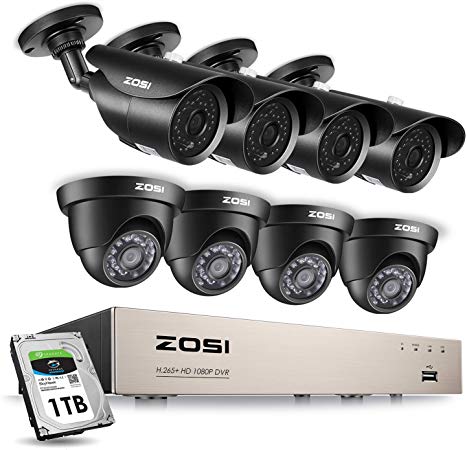 ZOSI 1080P Security Camera System H.265  1080P 8CH HD-TVI Video DVR Recorder with 8PCS 2.0MP Bullet and Dome Weatherproof CCTV Cameras, Motion Alert, Smartphone, PC Remote Access, 1TB Hard Drive