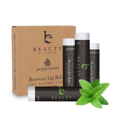 LIP BALM Peppermint 4 pack - With Natural Beeswax Lip Care with Coconut Oil and Vitamin E To Repair Dry Cracked and Chapped Lips - Made in the USA by Beauty by Earth