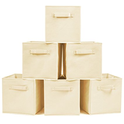 Set of 6 Foldable Fabric Basket Bin- EZOWare Collapsible Storage Cube For Nursery Home and Office - Beige