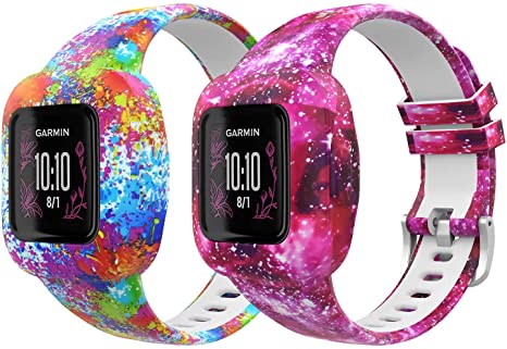 MoKo 2PACK Band Compatible with Garmin Vivofit JR 3 Tracker, Soft Silicone Printing Pattern Adjustable Replacement Strap Fits 5.1-7.5in Wristband Bracelet, Painting & Starry Sky