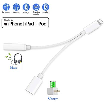 Headphones AUX Stereo Audio and Charging 3.5mm Jack Adapter Car Charger for iPhone7/ 7Plus/ 8/ 8Plus/ X/XS/XR 2 in 1 Cable Charging and Auxiliary Audio Converter Support for IOS11 and Higher - White