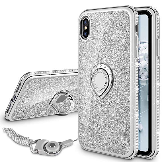 VEGO Case for Apple iPhone Xs iPhone X 5.8 inch,Glitter Case Bling Diamond Rhinestone with Kickstand Ring Grip Girls Women Case for iPhone Xs(Silver)