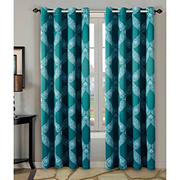 H.Versailtex Classic Thick and Soft Room Darkening Natural Blackout Curtains (2 Panels) / Grommet Window Drapes (52 by 84 - Inch, Diamond Pattern in Teal Blue and White)