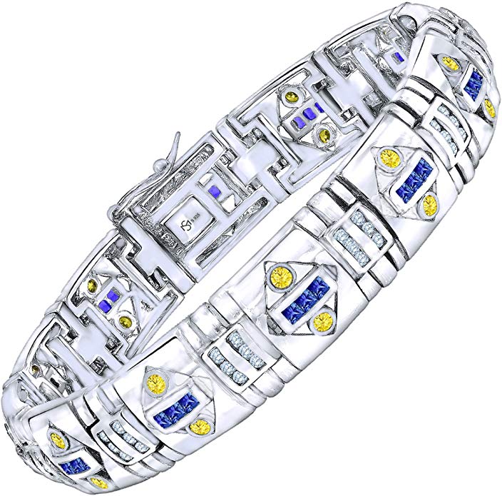 Sterling Manufacturers Men's Sterling Silver .925 Bracelet with Azure Blue, Canary Yellow and White Cubic Zirconia (CZ) Stones, Box Lock, Platinum Plated. 8" or 9"
