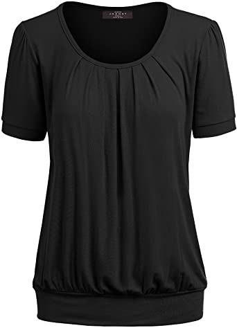 Made By Johnny Women's Scoop Neck Short Sleeve Front Pleated Blouse Tunic top S-3XL Plus Size Made in U.S.A.