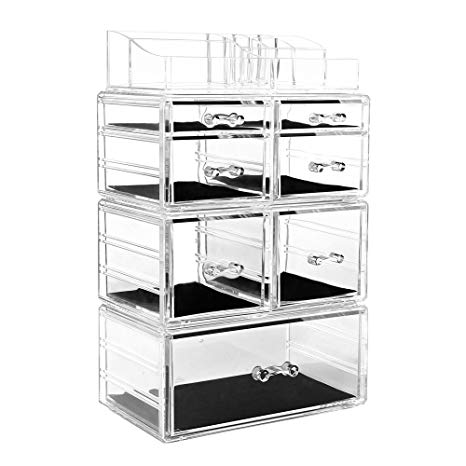 Acrylic Makeup Organizer Cosmetic Jewelry Storage Display Boxes Bins Bathroom Couter Cases Holders - 7 Space-saving Drawers with Black Mesh 3 Pieces Sets