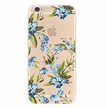 iPhone 6/6S Case,Blingy's Floral Pattern Transparent Clear Flexible Soft Slim Rubber TPU Case-Retail Packaging (Blue Petals)