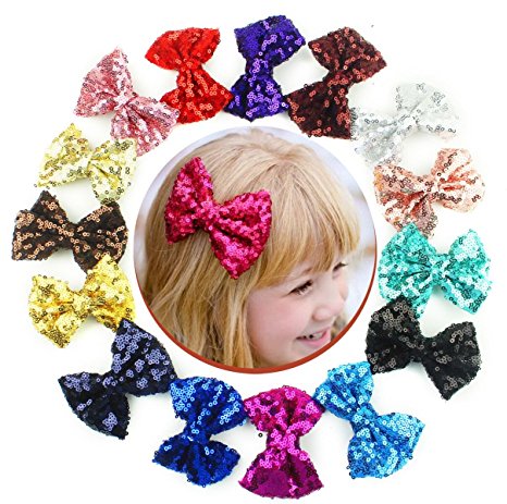 15pcs 3 inches Boutique Hair Bling Sparkly Sequins Nylon Mesh Ribbon Headbands for Party Girls Kids Children Alligator Hair Clips