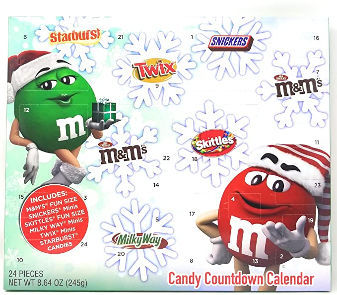 2019 Mars Christmas Advent Calendar with Assorted Candy M&M's, Snickers, Skittles, MilkyWays, Twix and Starburst, 8.64 oz