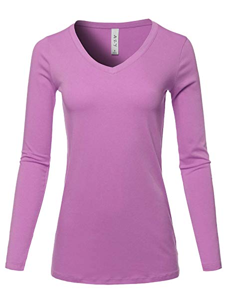 A2Y Women's Basic Solid Soft Cotton Long Sleeve V-Neck Top T-Shirt (S - 3XL)