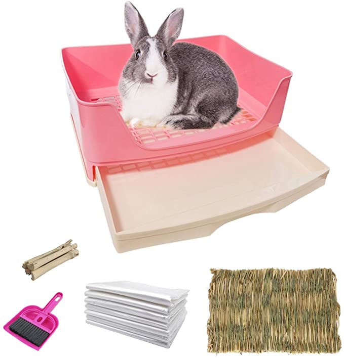 kathson Large Rabbit Litter Box with Drawer, Pet Toilet Potty Trainer Corner Toilet Bigger Pet Pan with Grass Mat for Adult Guinea Pigs, Chinchilla, Hamster