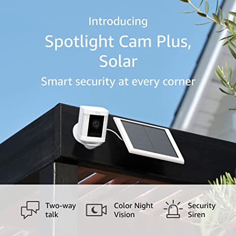 Introducing Ring Spotlight Cam Plus, Solar | Two-Way Talk, Color Night Vision, and Security Siren (2022 release) | 2-pack, White