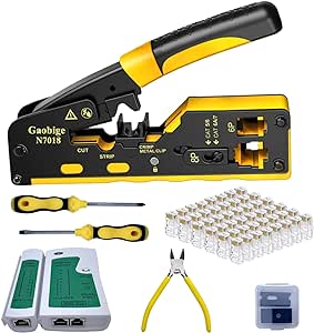 Pass Through rj45 Crimp Tool Kit, Network Tool Kit, Cat7 Cat6A Cat6 Cat5e Cat5 rj45 Crimping Tool with 50PCS cat6 Pass Through Connectors, Network Tester, Wire Cutter