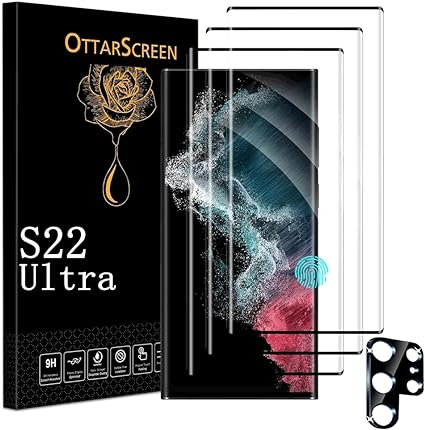 OttarScreen Galaxy S22 Ultra Screen Protector, 3 Pack Tempered Glass Screen Protector, 1 Pack Tempered Glass Camera Lens Protector, Compatible Fingerprint, 3D Glass 9H Hardness Tempered Glass Screen Protector for Samsung Galaxy S22 Ultra 5g【3 1 Pack 】