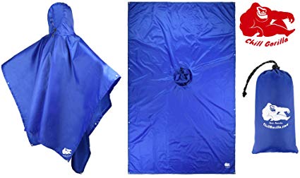 Chill Gorilla Hooded Rain Poncho. Lightweight Multi-Use Waterproof Emergency Military Raincoat for Adult Men & Women. Reusable Rain Gear for All Outdoor Activities.