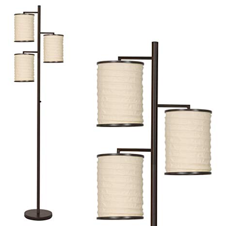 Revel Haru 74" Modern Asian 3-Light Tree Floor Lamp   Lantern Style Beige Fabric Shades, Bronze Finish