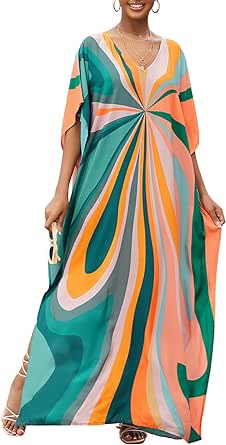 Bsubseach Women Colorful Geometric Beach Cover Up Loose Kaftan Dress