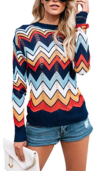 Relipop Women's Pullover Jumper Crewneck Rainbow Color Striped Knit Sweater