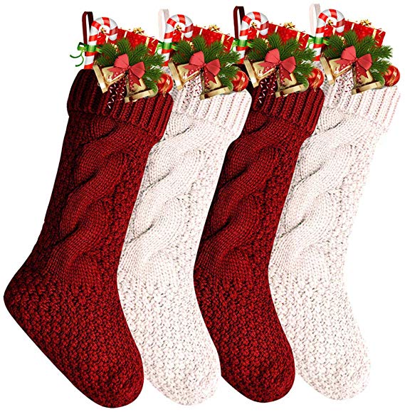 Christmas Stockings, 4 Pack 18 inches Large Size Knitted Xmas Stockings, Decorations for Family Holiday Season Decor, Cream and Burgundy Christmas Stockings,Xmas Decorations