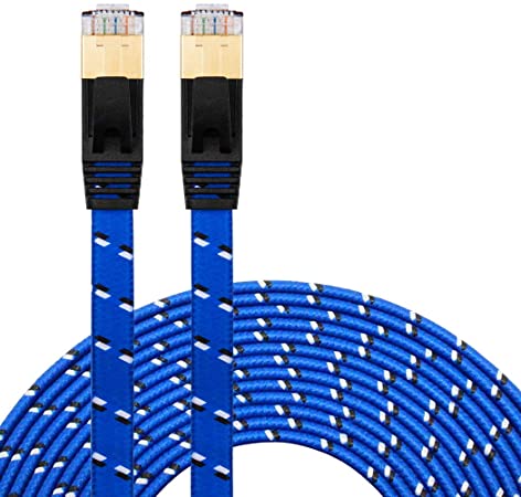 Cat 7 Ethernet Cable 10 ft,JewMod Nylon Braided Ethernet Cable Cat7 RJ45 Network Patch Cable Flat 10 Gigabit 600Mhz LAN Wire Cable Cord Shielded for Modem,Router,PC,Laptop,Switch,Xbox 360-Blue